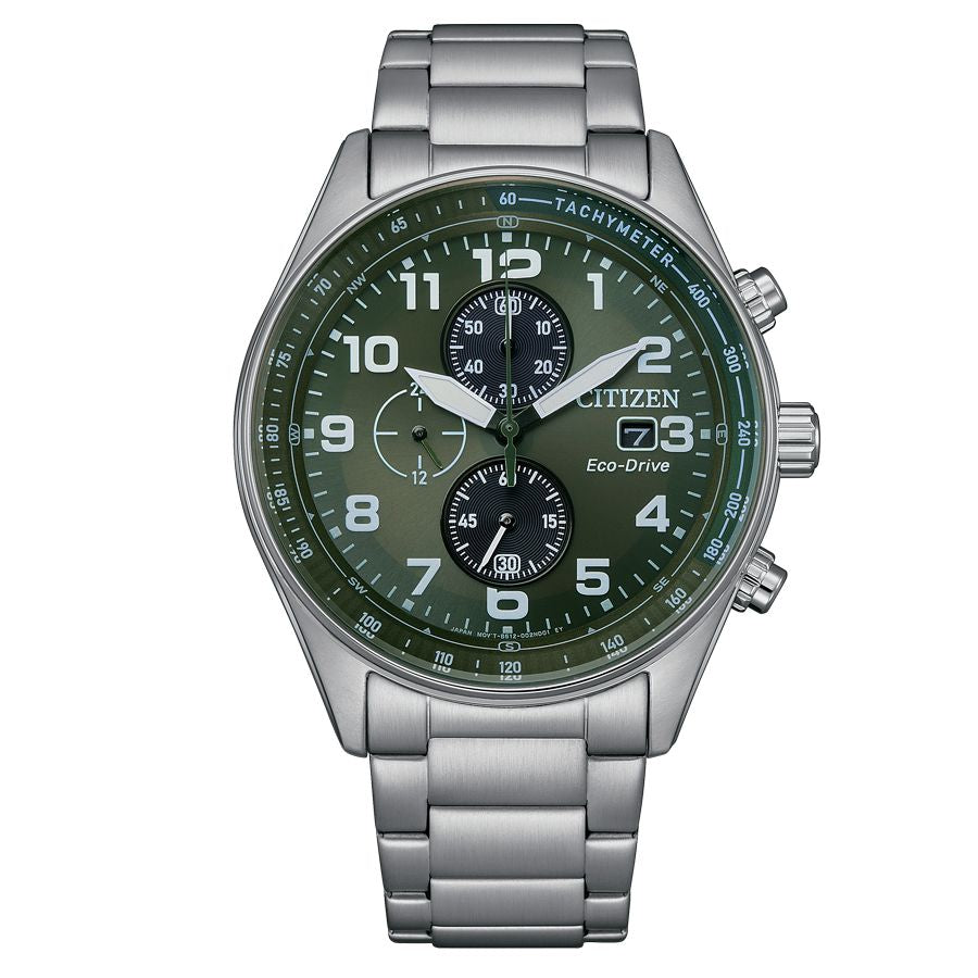 Citizen CA0770-72X watch for man with a green dial and stainless steel strap.