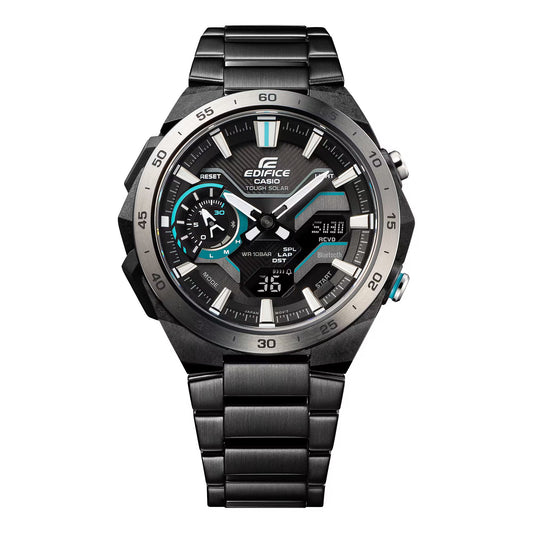 Casio ECB-2200DD-1AEF watch for man with a black dial and stainless steel strap.