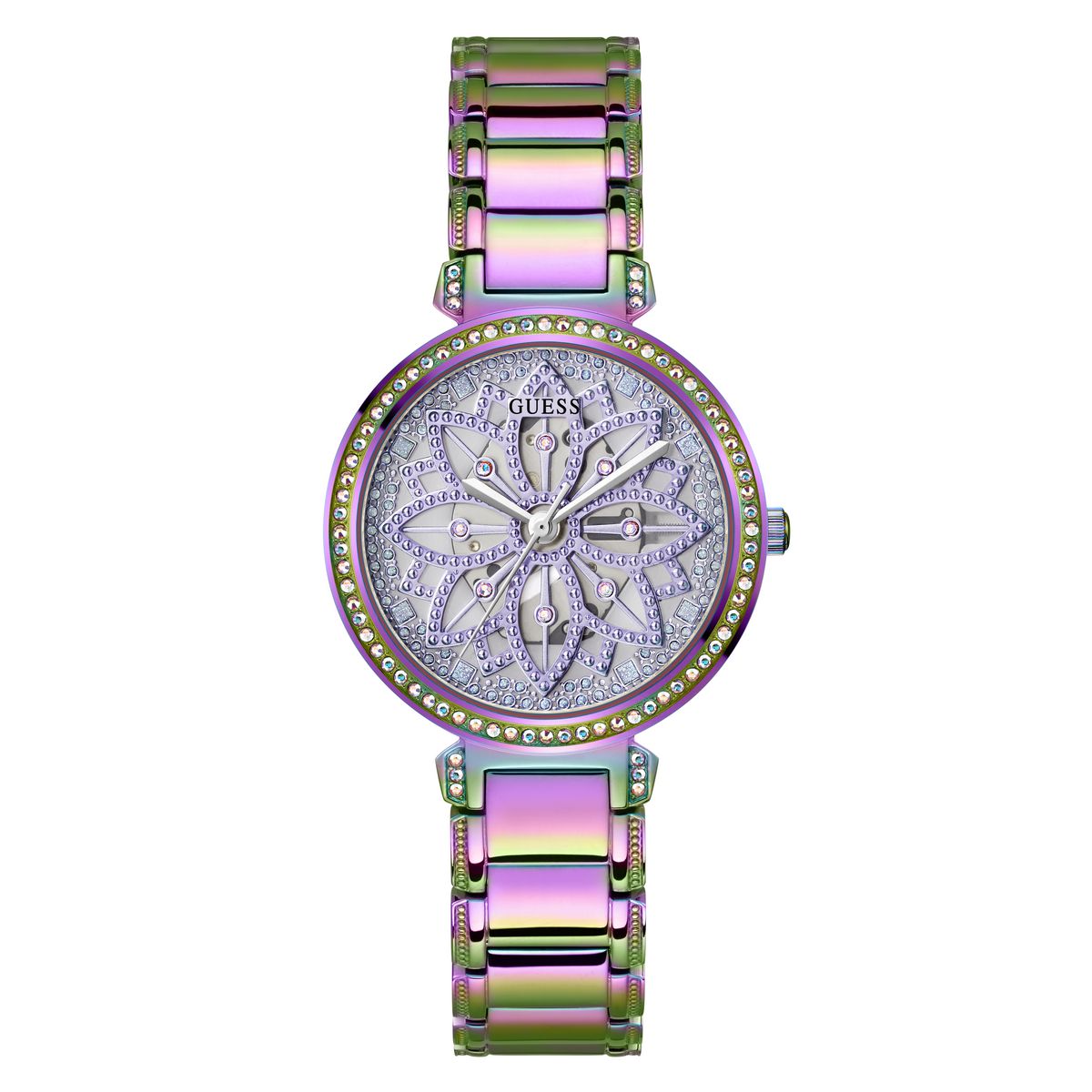 Guess GW0528L4 watch for women with a purple dial and stainless steel strap.