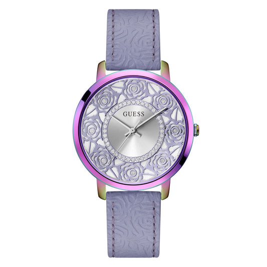 Guess GW0529L4 watch for women with a purple dial and leather strap.