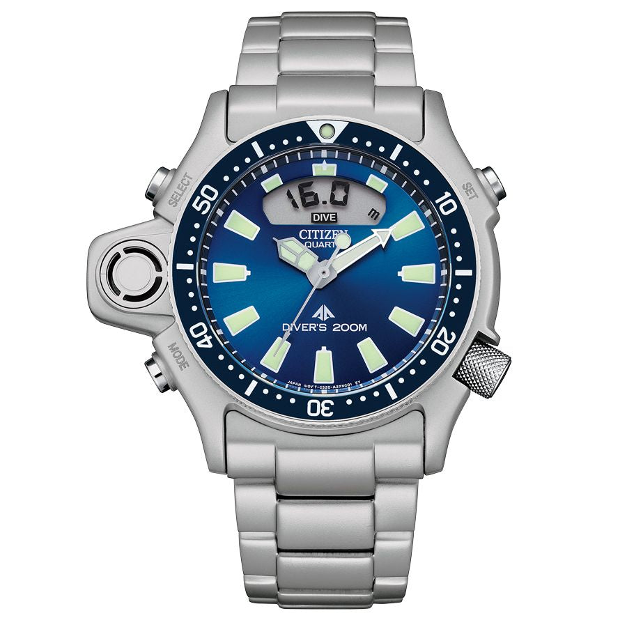 Citizen JP2000-67L watch for man with a blue dial and stainless steel strap.