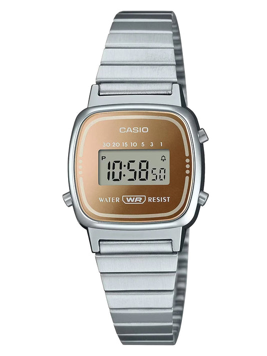 Casio LA670WES-4AEF watch for women with a brown dial and stainless steel strap.