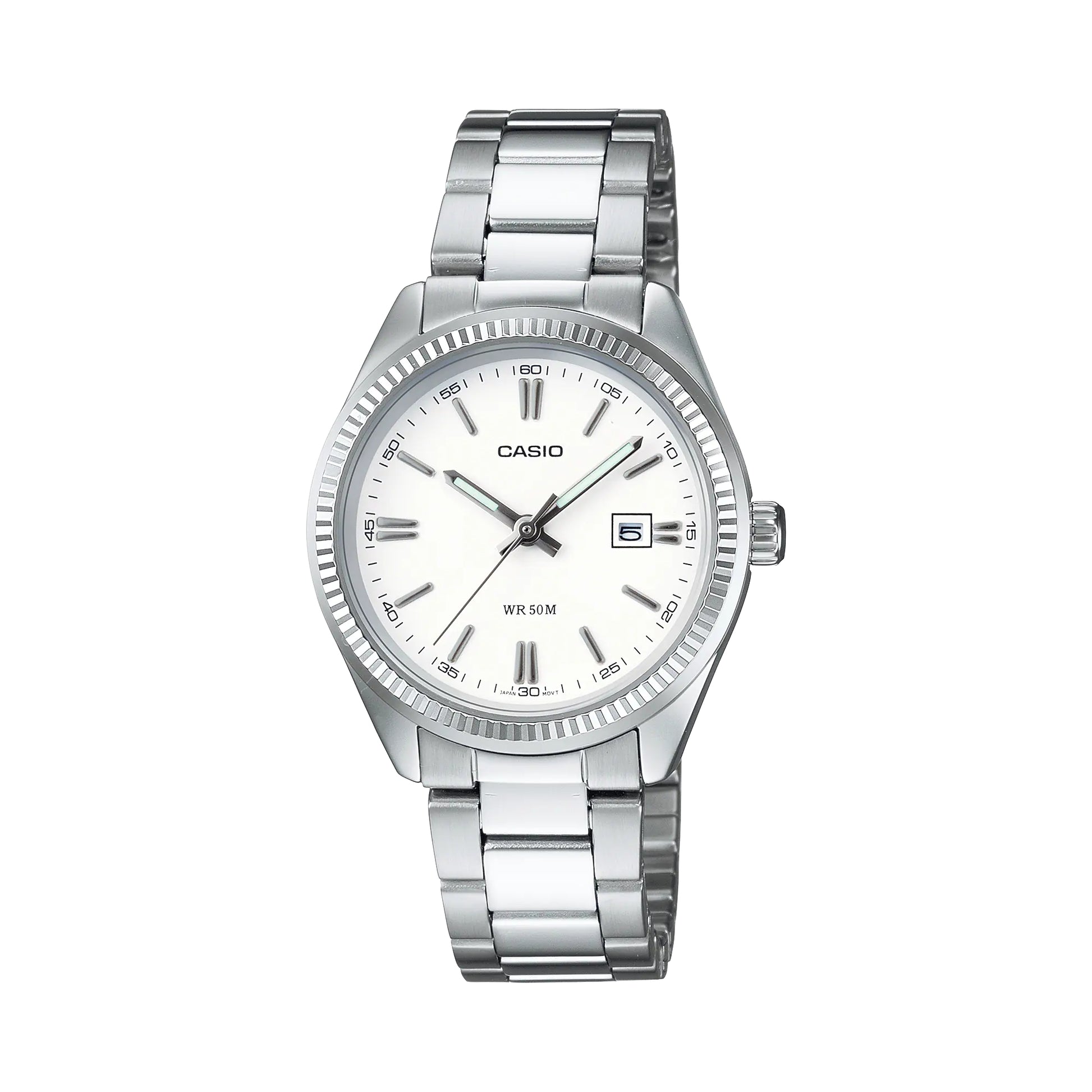 Casio LTP-1302PD-7A1VEG watch for unisex with a white dial and stainless steel strap.