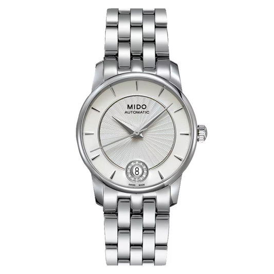 Mido M0072071103600 watch for woman with a white dial and stainless steel strap.