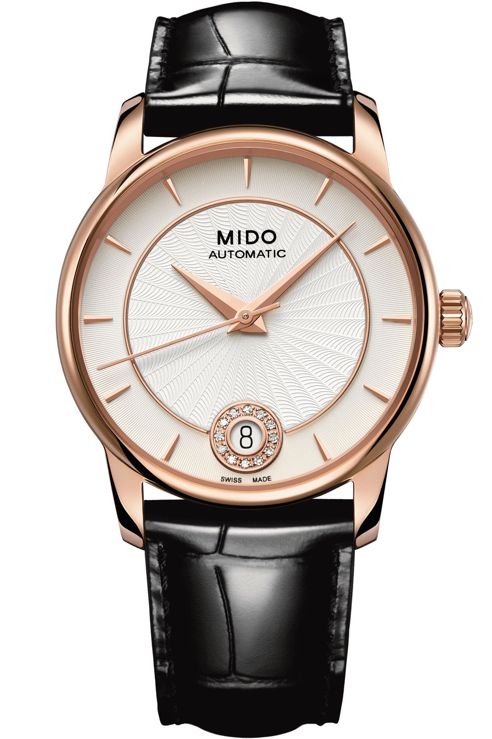 Mido M0072073603600 watch for woman with a white dial and leather strap.