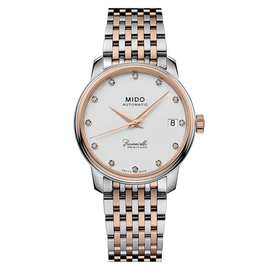 Mido M0272072201600 watch for woman with a white dial and stainless steel strap.
