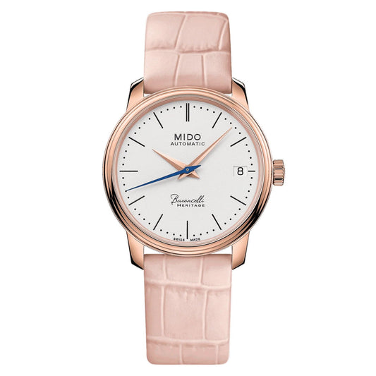 Mido M0272073601000 watch for woman with a white dial and leather strap.