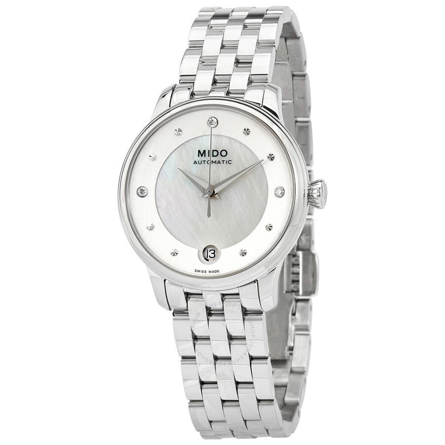 Mido M0392071110600 watch for woman with a white dial and stainless steel strap.