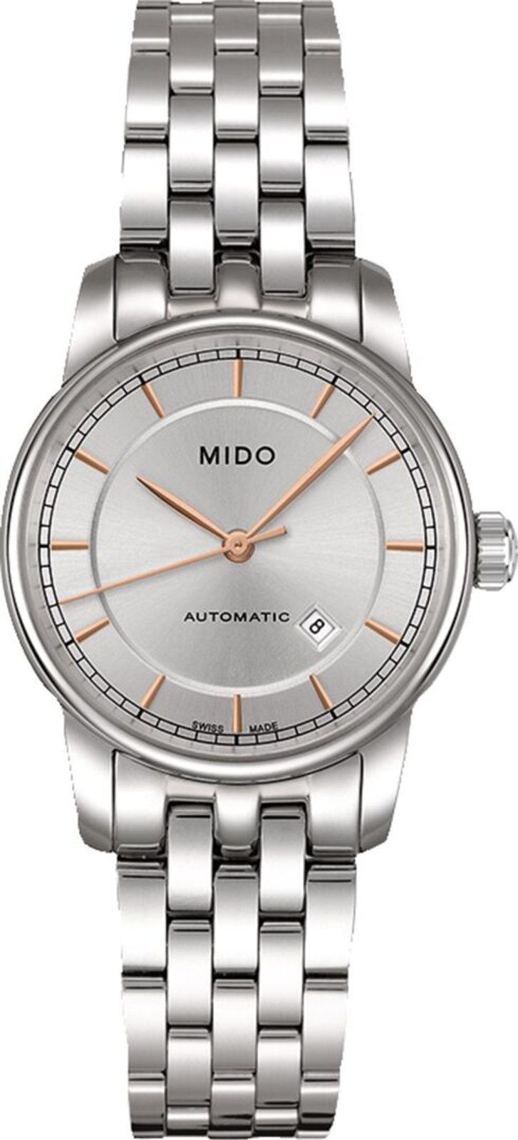 Mido M76004101 watch for woman with a white dial and stainless steel strap.