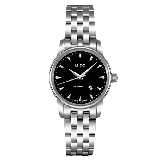 Mido M76004181 watch for woman with a black dial and stainless steel strap.