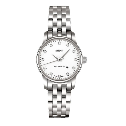 Mido M76004661 watch for woman with a white dial and stainless steel strap.