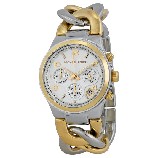 Michael Kors MK3199 watch for women with a white dial and steel strap.