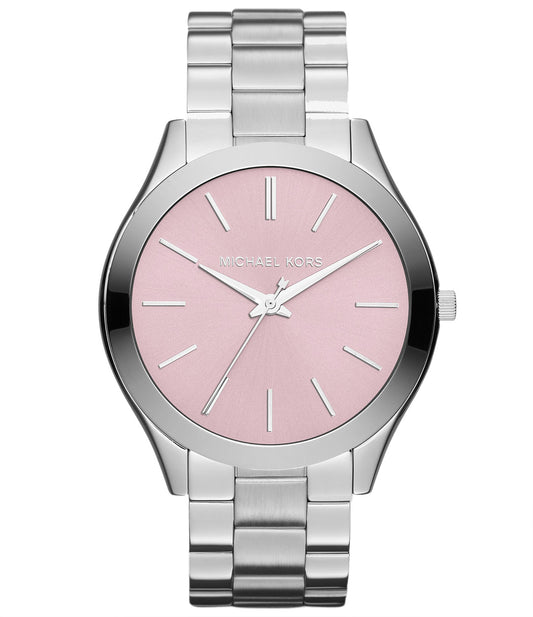 Michael Kors MK3380 watch for woman with a pink dial and steel strap.