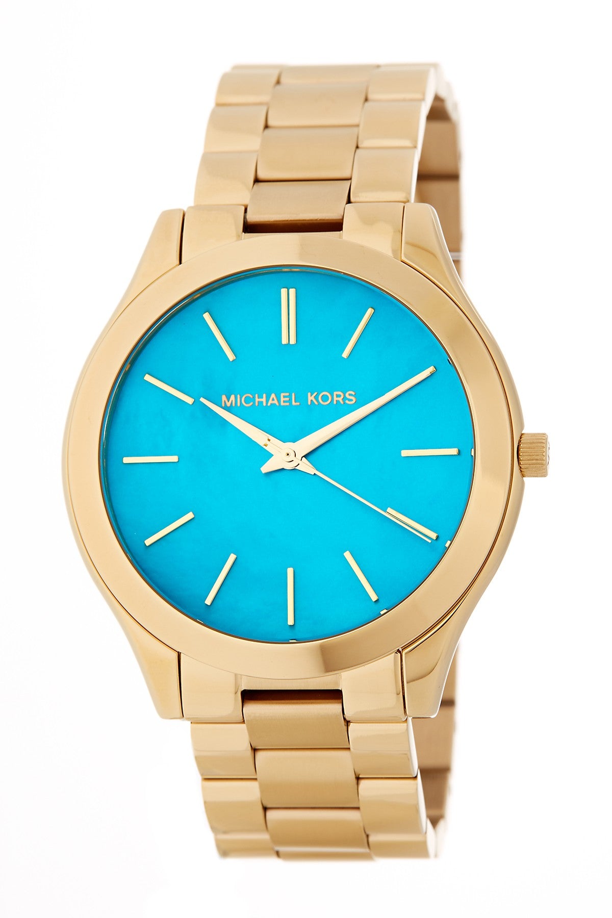 Michael Kors MK3492 watch for women with a blue dial and steel strap.