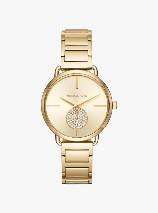 Michael Kors MK3639 watch for woman with a gold dial and steel strap.