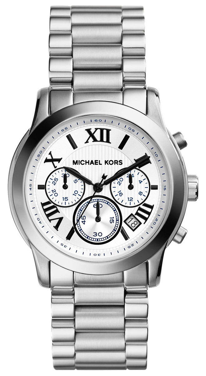 Michael Kors MK5928 watch for women with a white dial and stainless steel strap.