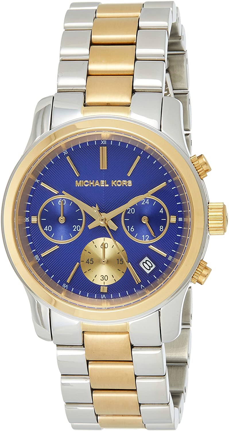 Michael Kors MK6165 watch for women with a blue dial and steel strap.