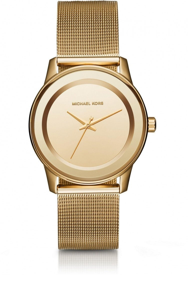 Michael Kors MK6295 watch for woman with a golden dial and steel strap.