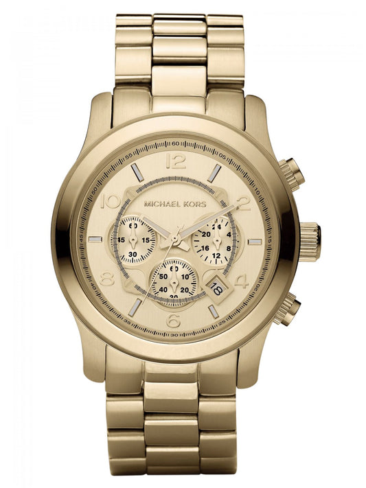 Michael Kors MK8077 watch for man with a golden dial and steel strap.