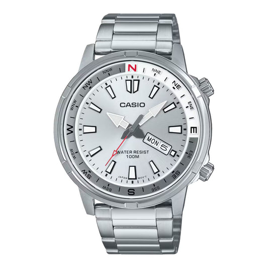 Casio MTD-130D-7AVDF watch for man with a grey dial and stainless steel strap.
