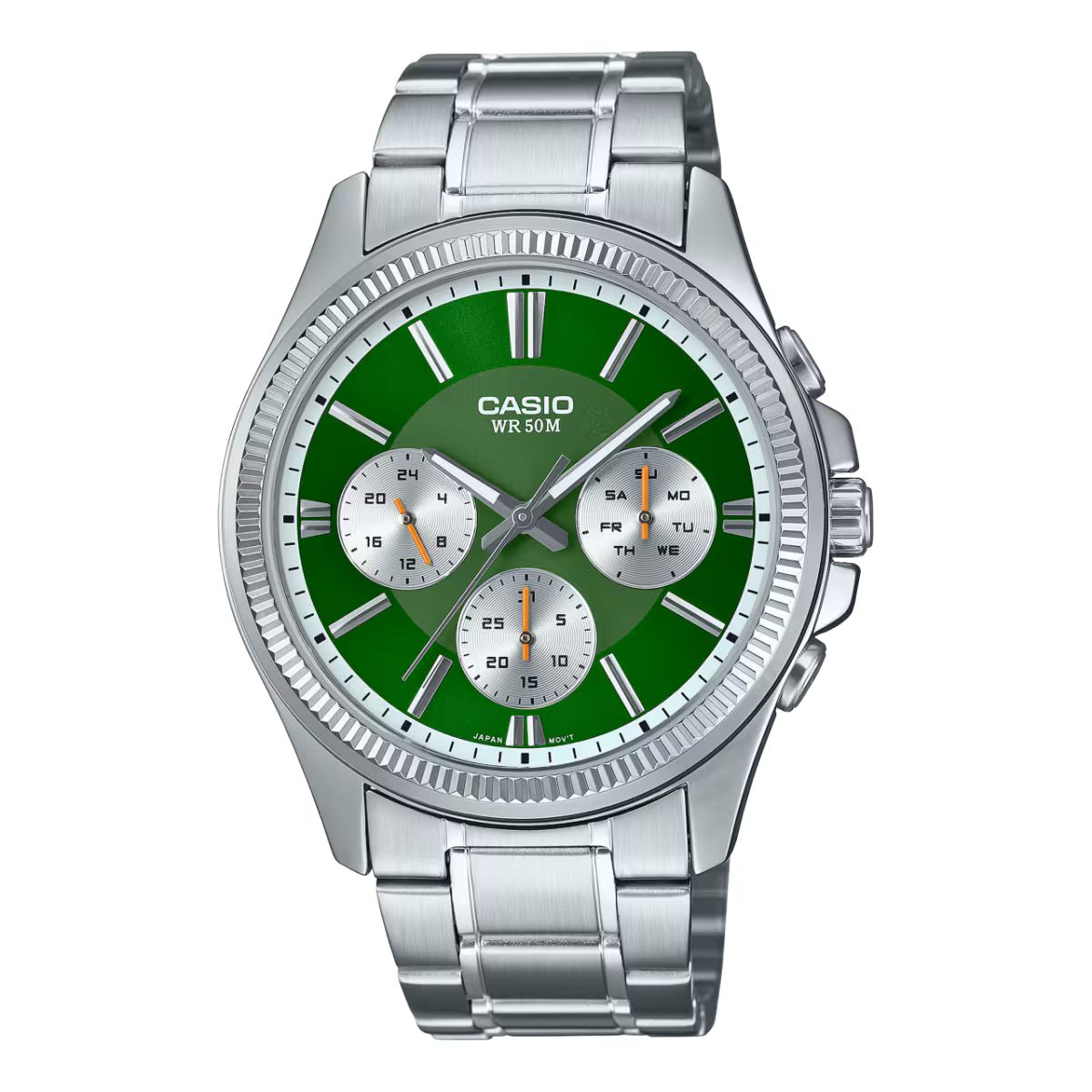 Casio MTP-1375D-3A watch for man with a green dial and stainless steel strap.