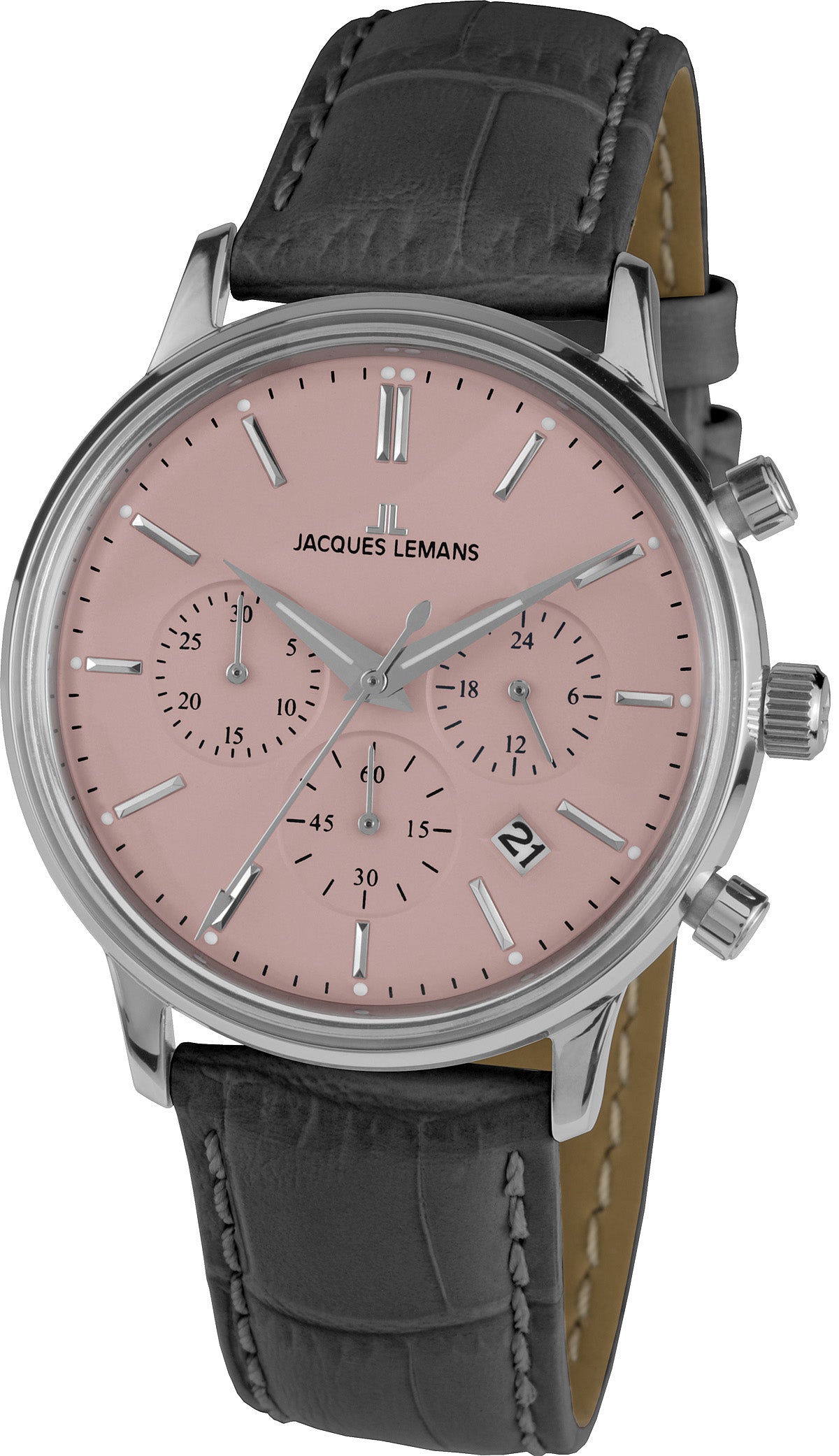 Jacques Lemans 1-209F watch for man with a pink dial and leather strap.