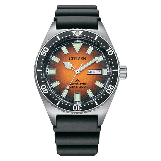 Citizen NY0120-01Z watch for man with a orange dial and rubber strap.
