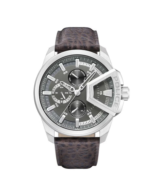 Police PEWJF0005703 watch for man with a grey dial and leather strap.