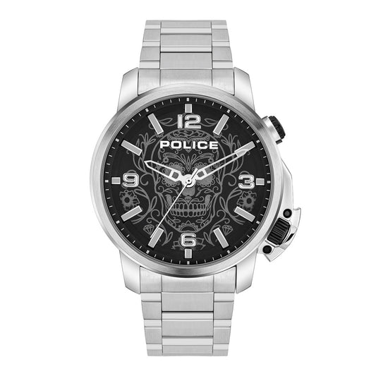 Police PEWJJ2110003 watch for man with a black dial and stainless steel strap.
