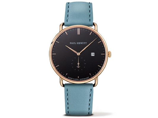 Paul Hewitt PH-TGA-G-B-23M watch for man with a black dial and leather strap.