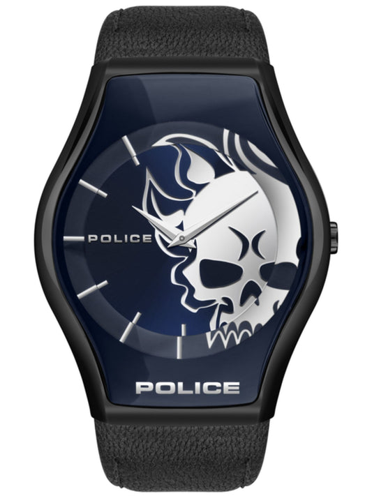 Police PL-16114JSU-03 watch for man with a black dial and leather strap.