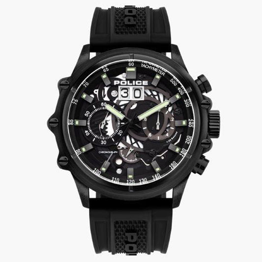 Police PL.16018JSB-02P watch for man with a black dial and silicone strap.