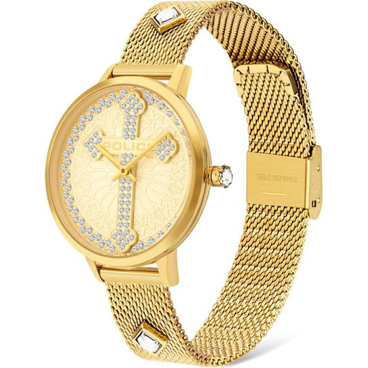 Police PL16031MSG.22MMA watch for women with a golden dial and stainless steel strap.