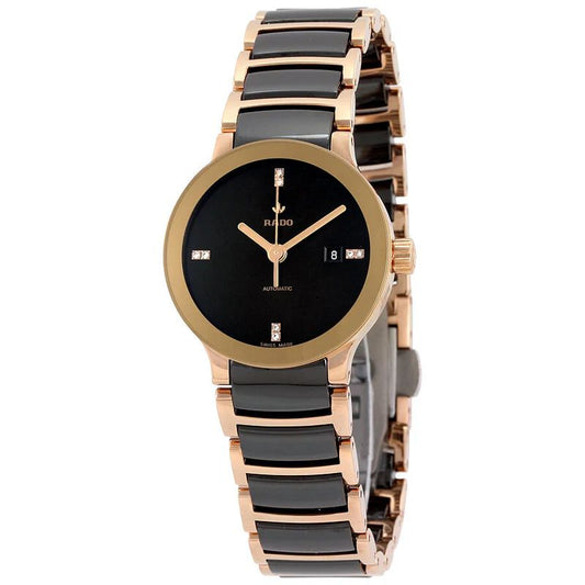 Rado R30183722 watch for woman with a black dial and stainless steel strap.