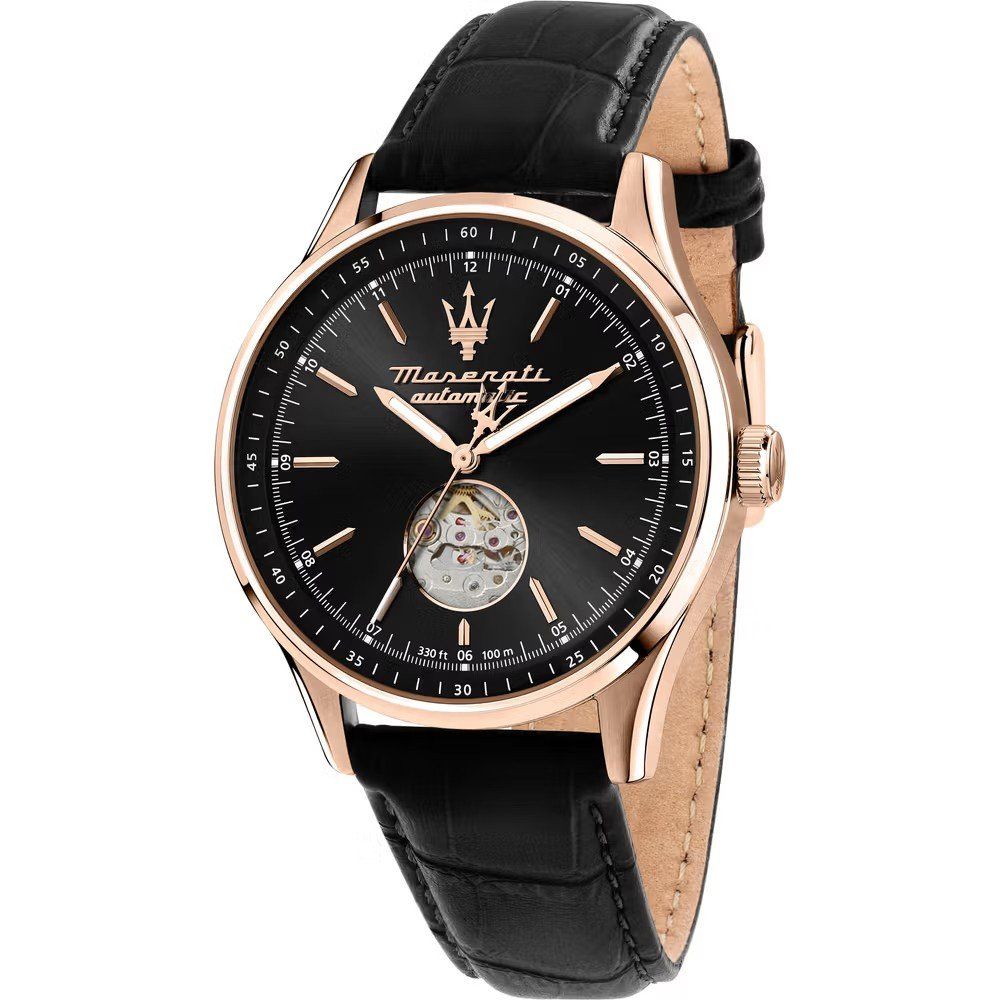 Maserati R8821124001 watch for man with a black dial and leather strap.