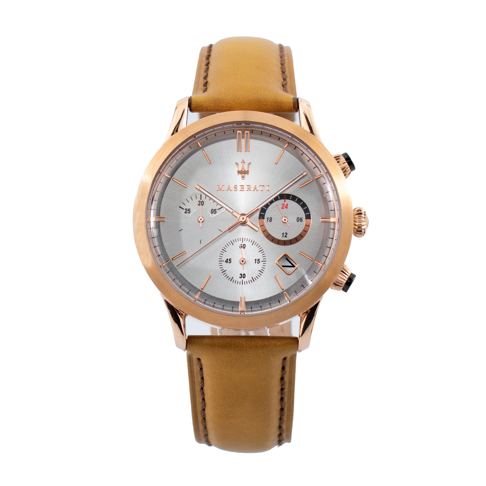 Maserati R8871633002 watch for man with a silver, pink dial and leather strap.