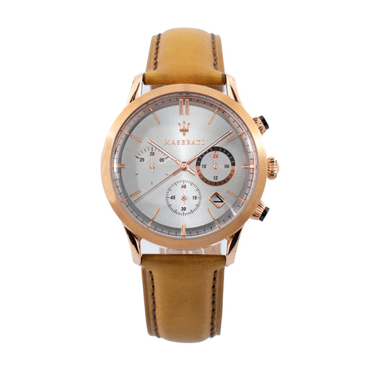 Maserati R8871633002 watch for man with a silver, pink dial and leather strap.