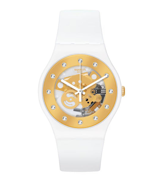 Swatch SUOZ148 watch for woman with a white dial and plastic strap.