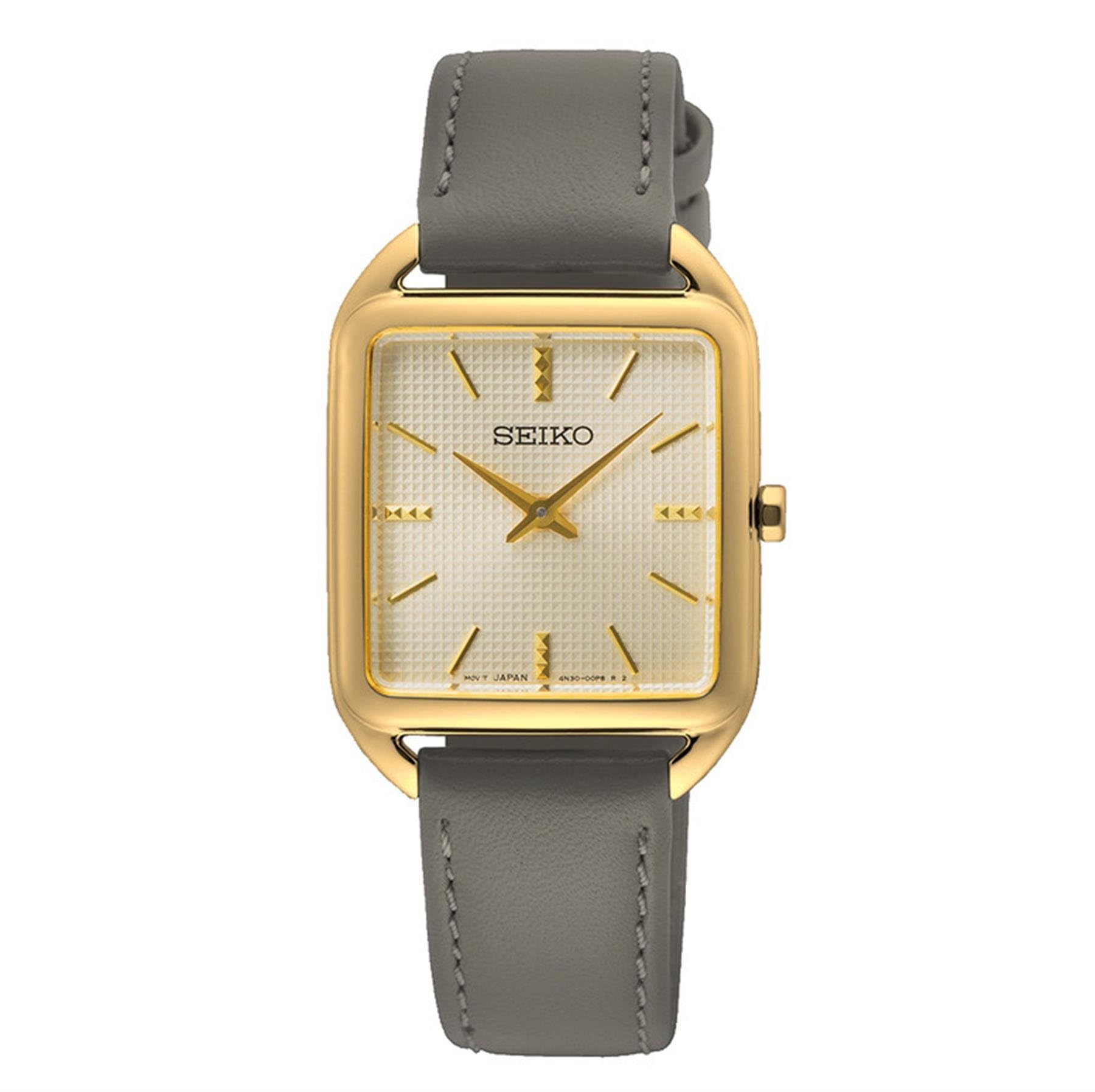 Seiko SWR090P1 watch for women with a golden dial and leather strap.