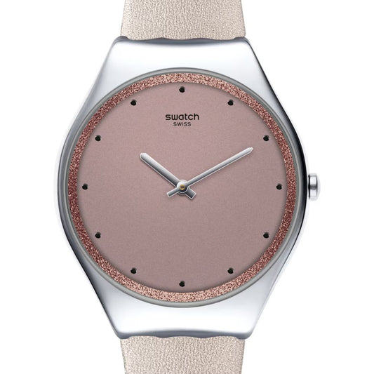 Swatch SYXS128 watch for woman with a brown dial and stainless steel strap.