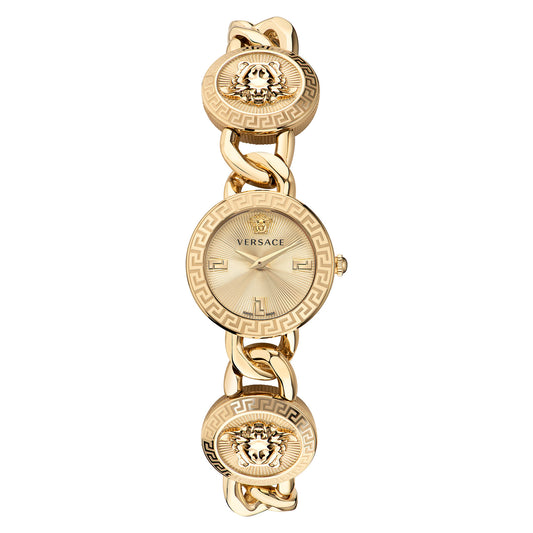 Versace VE3C00222 watch for women with a golden dial and stainless steel strap.