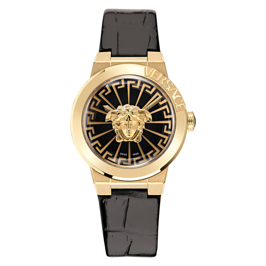 Versace VE3F00222 watch for women with a black dial and leather strap.