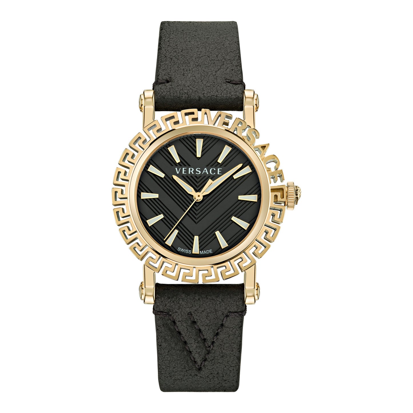 Versace VE6D00223 watch for women with a black dial and fur strap.