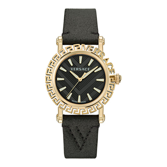 Versace VE6D00223 watch for women with a black dial and fur strap.