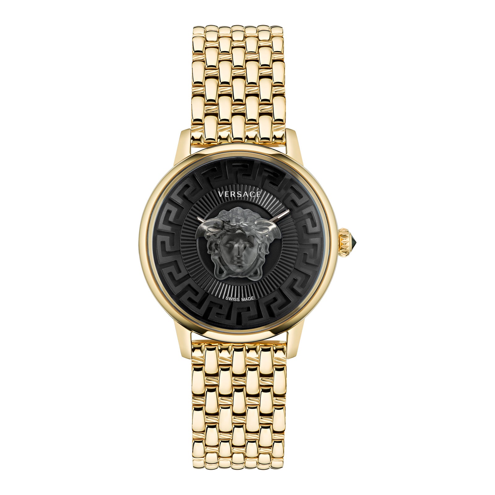 Versace VE6F00523 watch for unisex with a black dial and stainless steel strap.