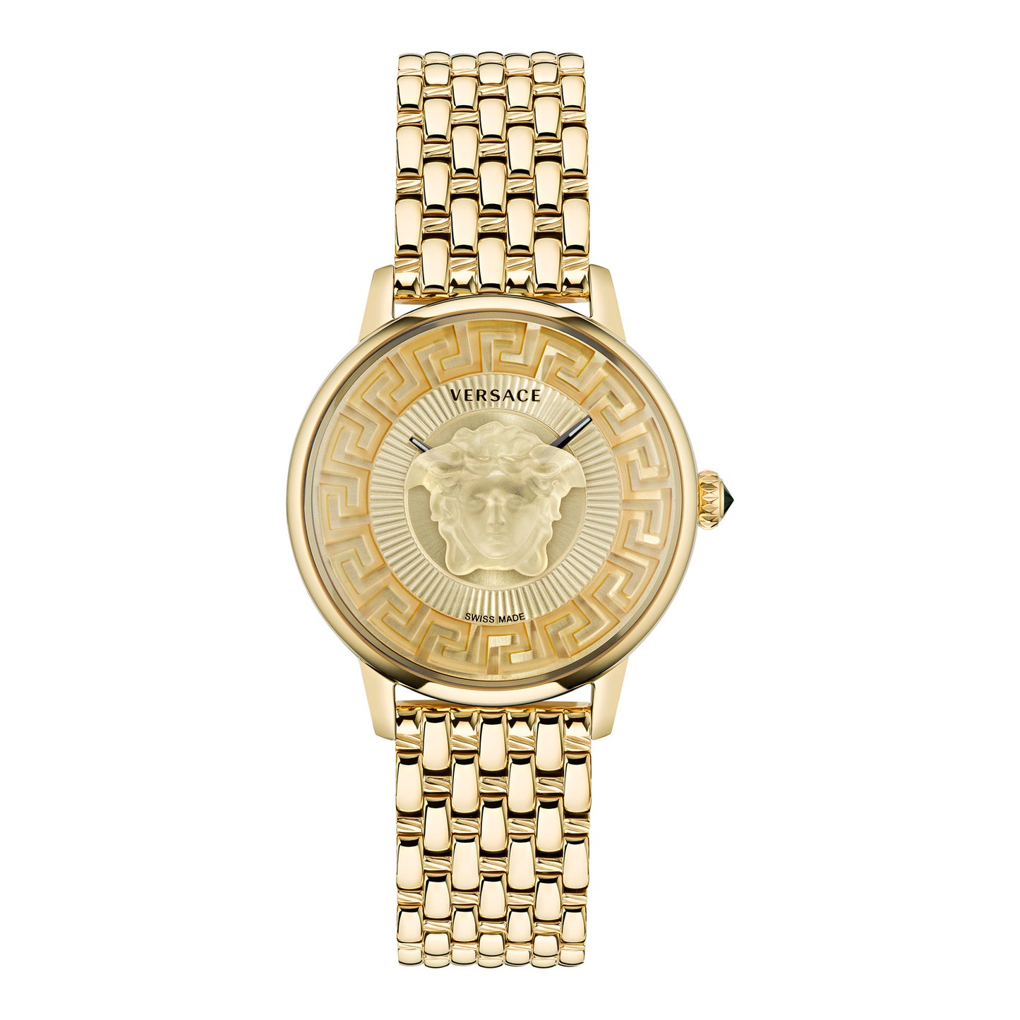 Versace VE6F00623 watch for unisex with a golden dial and stainless steel strap.