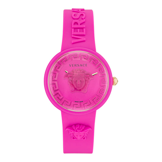 Versace VE6G00323 watch for women with a pink dial and silicone strap.