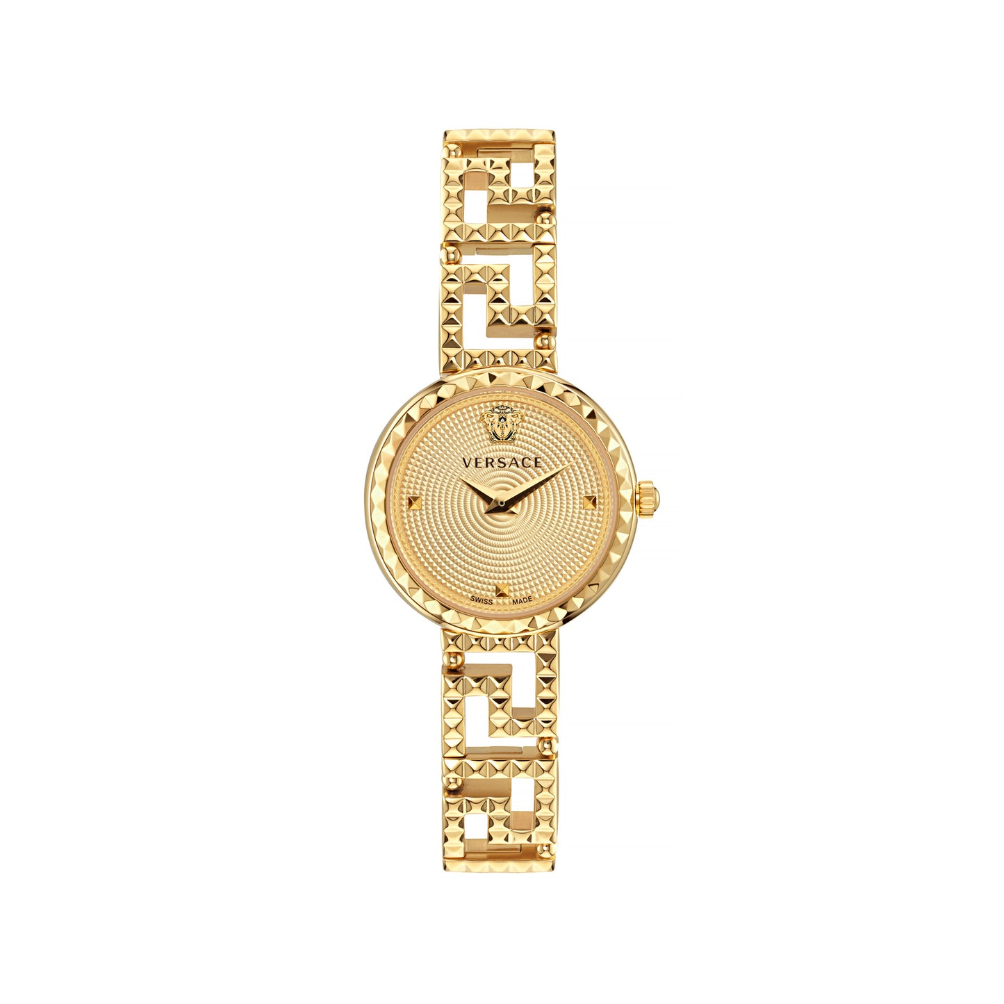 Versace VE7A00323 watch for women with a golden dial and stainless steel strap.