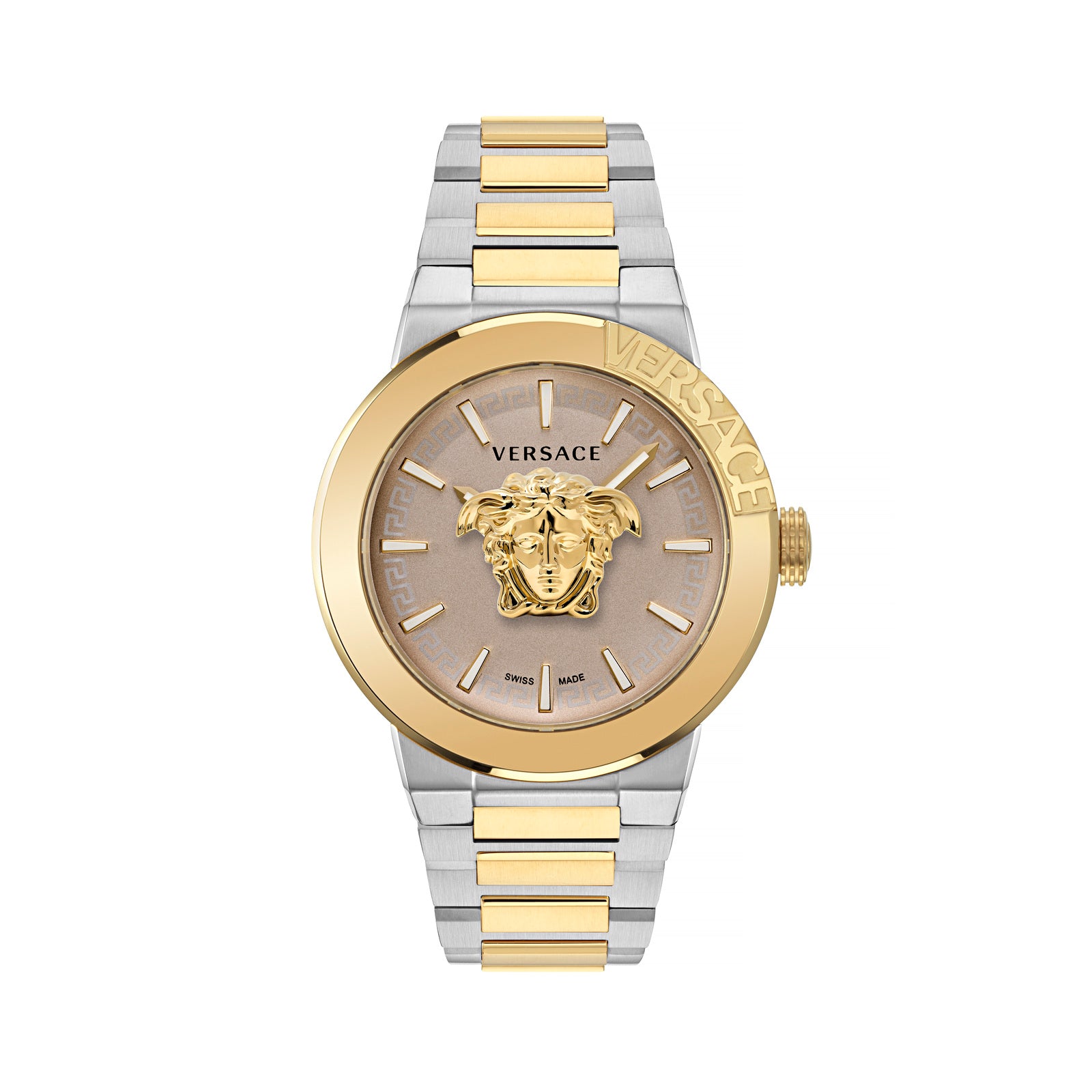 Versace VE7E00423 watch for man with a beige dial and stainless steel strap.