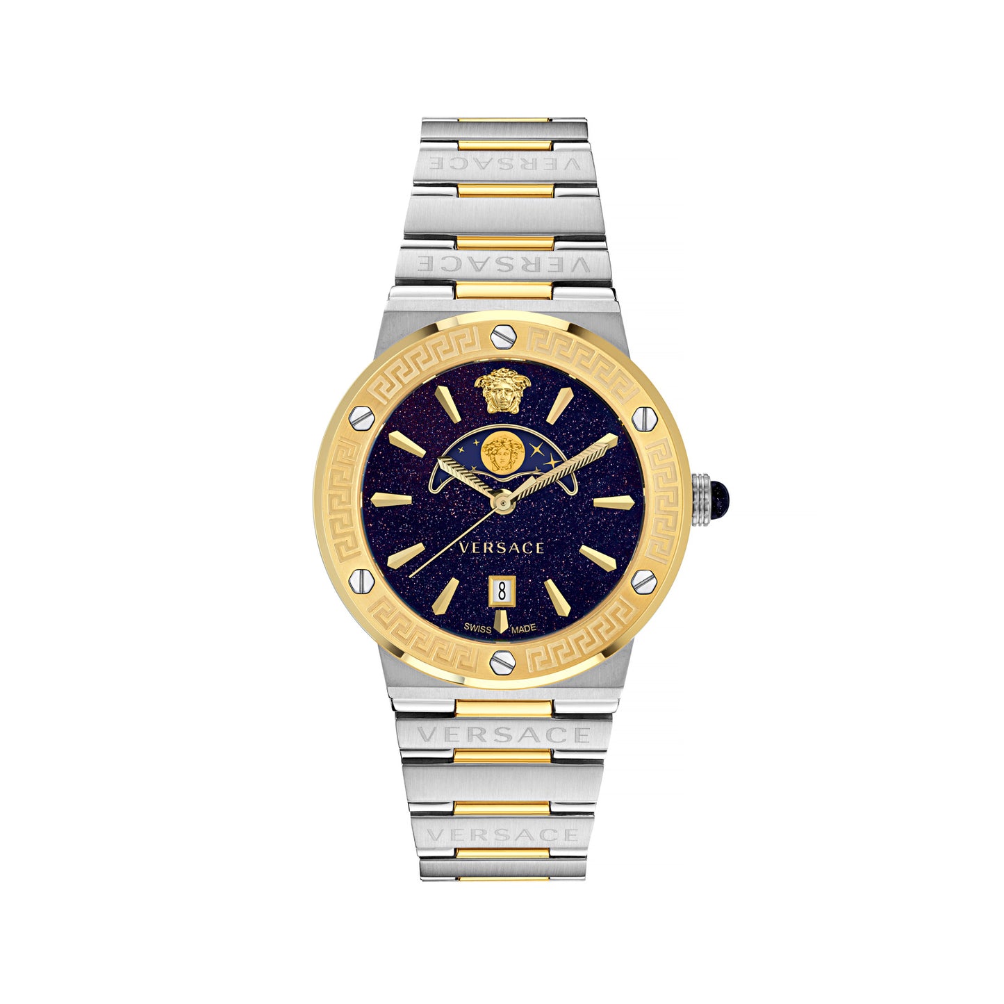 Versace VE7G00223 watch for man with a blue dial and stainless steel strap.